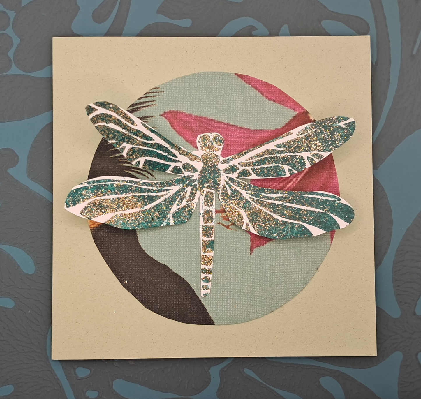 GREEN DRAGONFLY. HAND PAINTED ECO-FRIENDLY GREETINGS CARD.