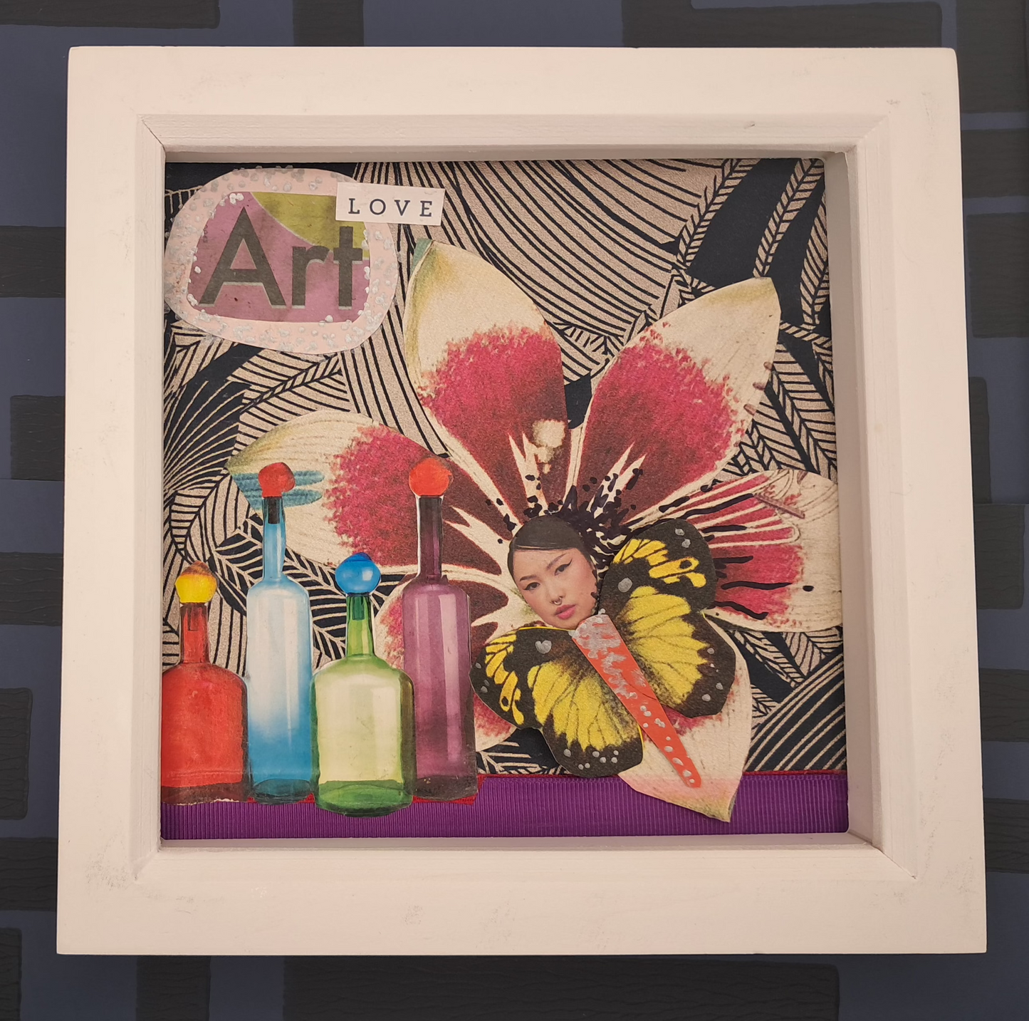 LOTUS FLOWER. ORIGINAL COLLAGE ART. FRAMED.
