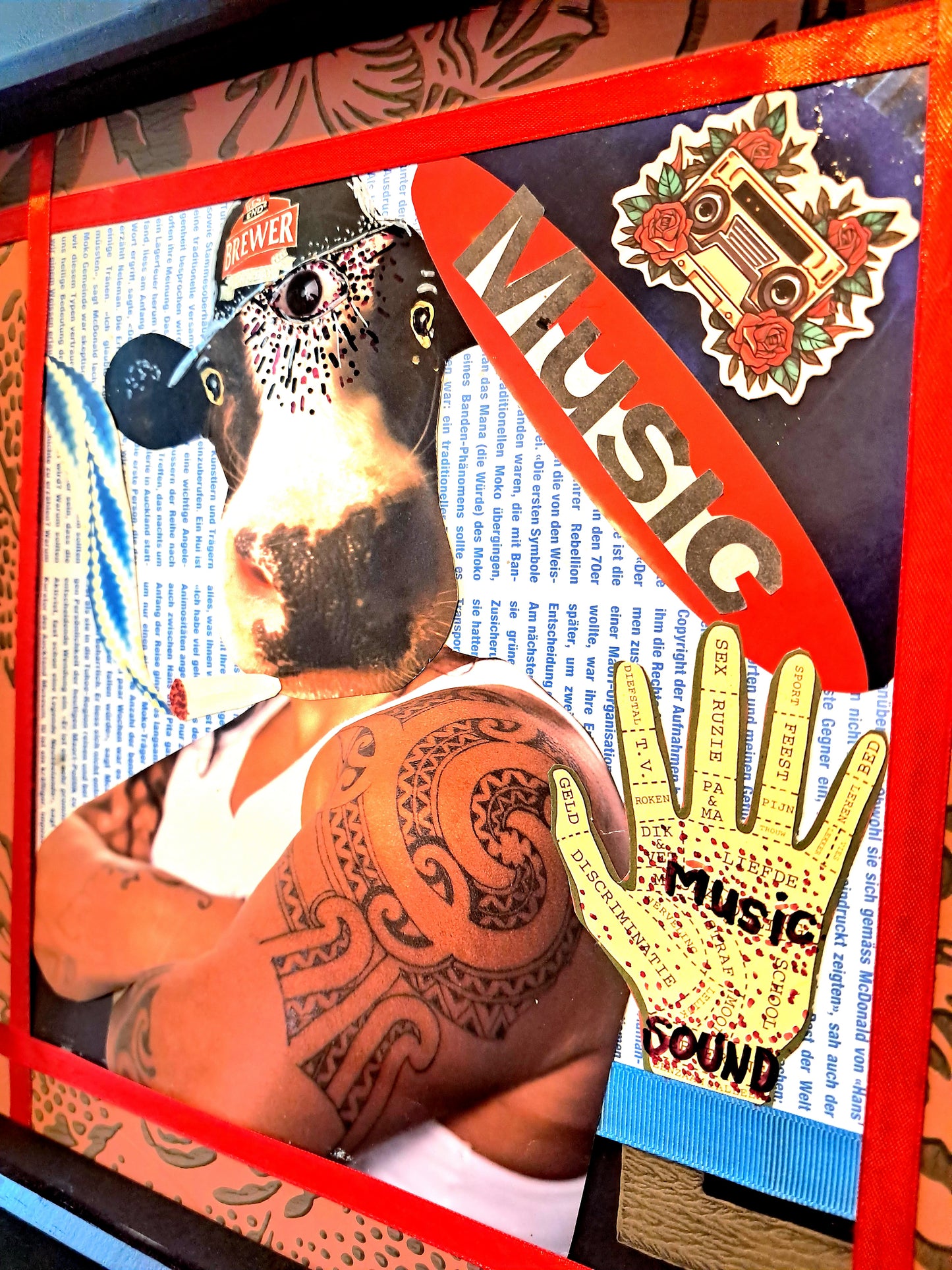 HIP-HOP COW. ORIGINAL COLLAGE ART. FRAMED.