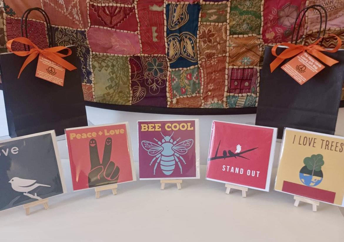 5 CARD DESIGN GIFT BAG. A COLLECTION OF 5 ECO-FRIENDLY HIPPY INSPIRED GREETINGS CARDS.