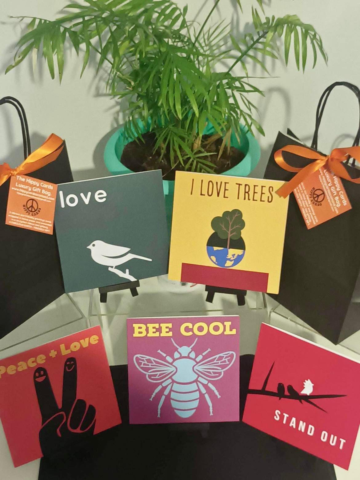 5 CARD DESIGN GIFT BAG. A COLLECTION OF 5 ECO-FRIENDLY HIPPY INSPIRED GREETINGS CARDS.