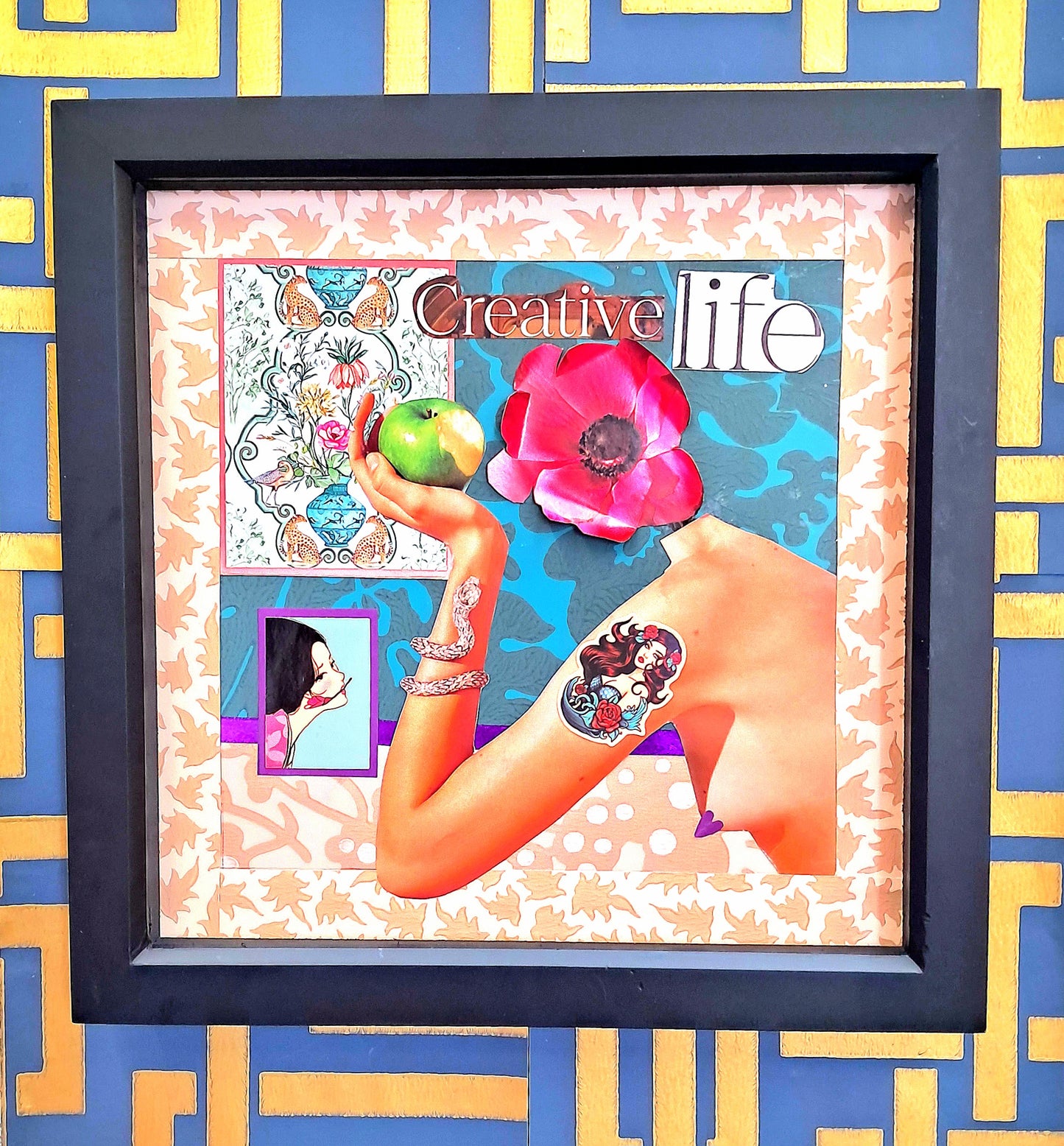 FLOWER POWER. ORIGINAL COLLAGE ART. FRAMED.