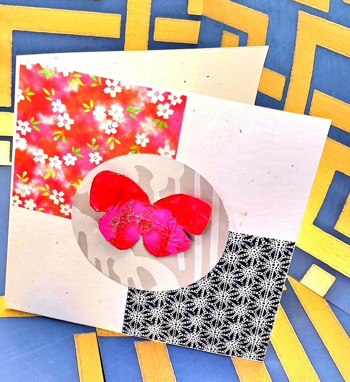 RED BUTTERFLY. HAND PAINTED ECO-FRIENDLY GREETINGS CARD.