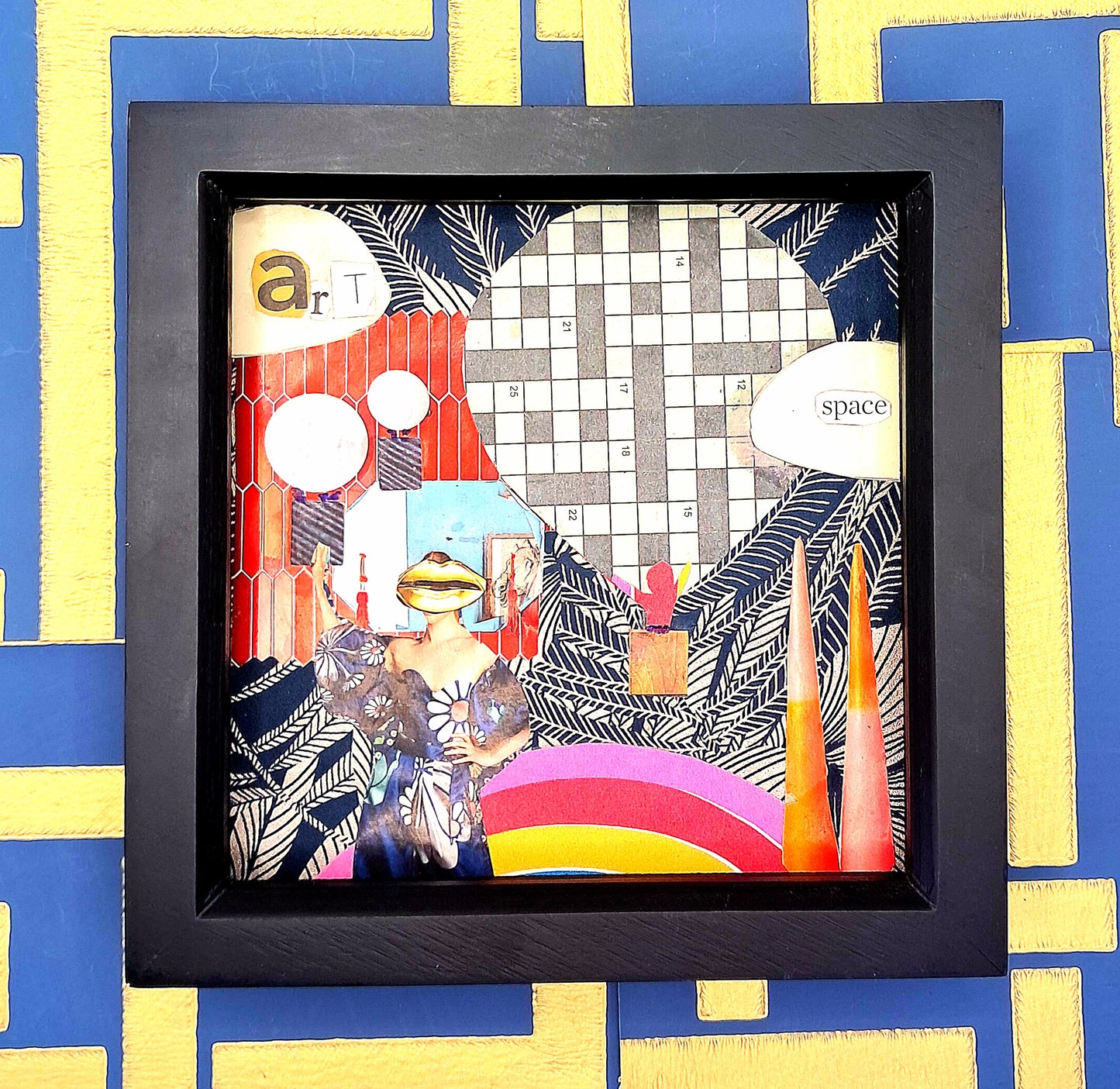 THOUGHTS AS BALLONS. ORIGINAL COLLAGE ART. FRAMED.