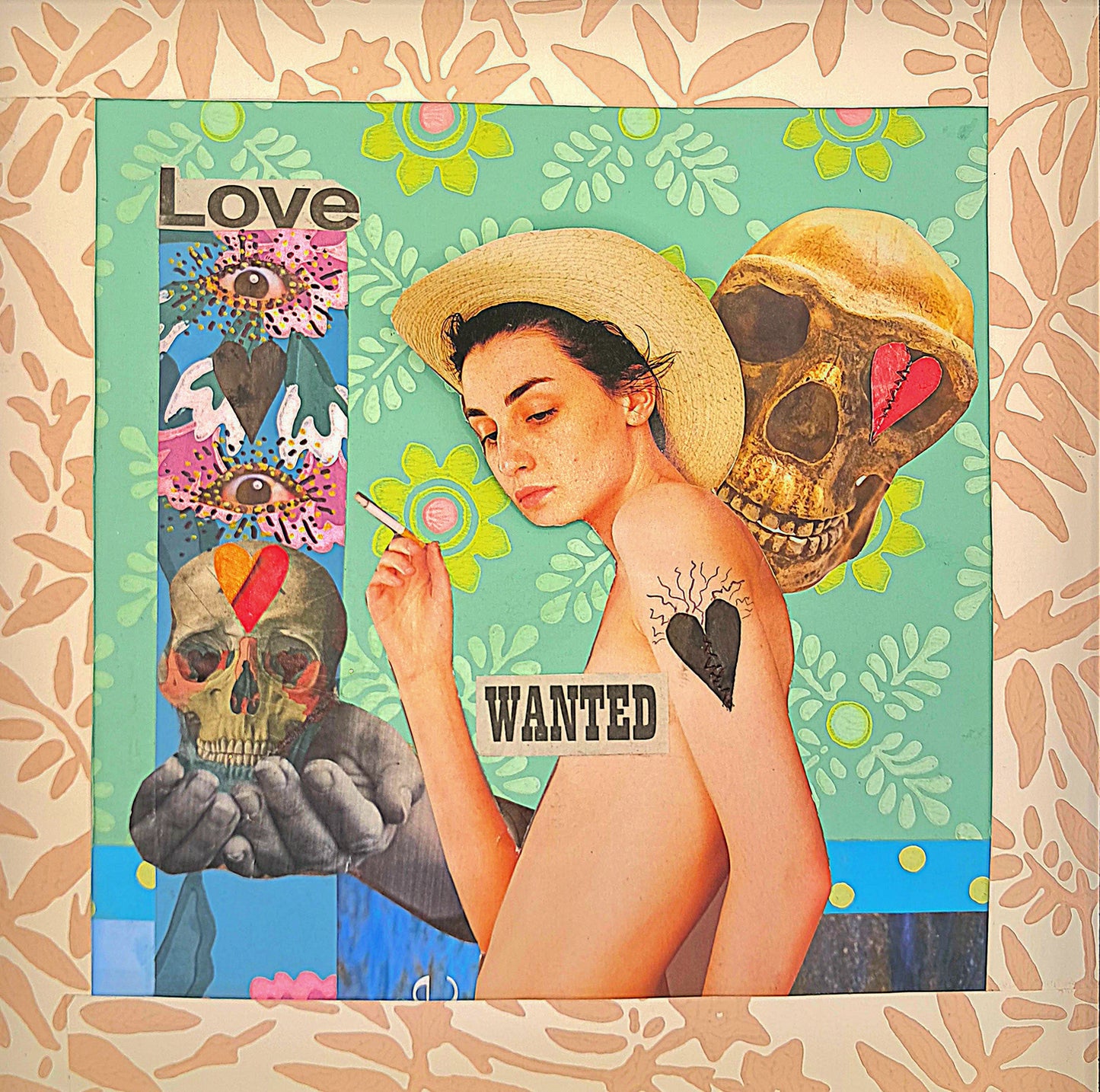 LOVE WANTED. ORIGINAL COLLAGE ART. FRAMED.