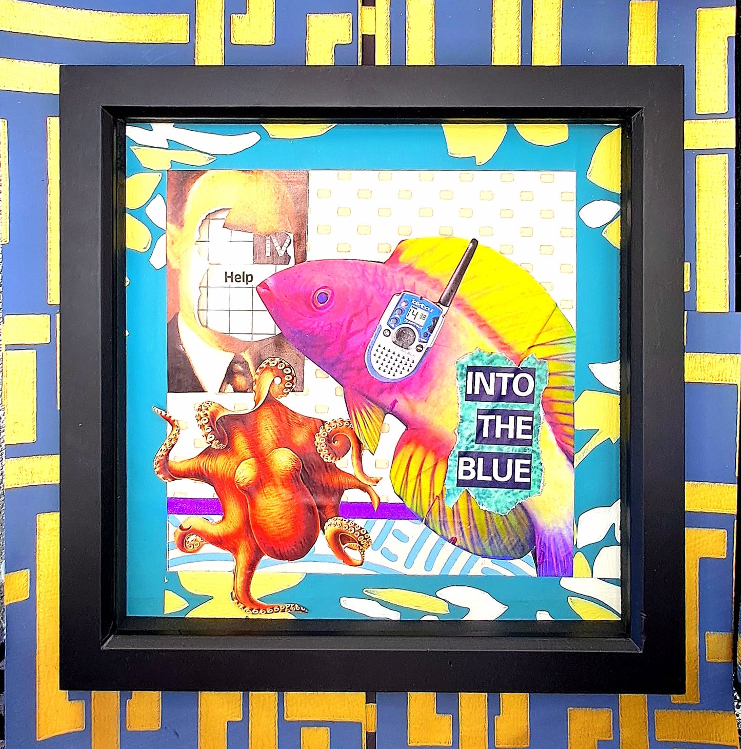 MESSAGE FROM THE BLUE. ONE OFF COLLAGE ART. FRAMED.