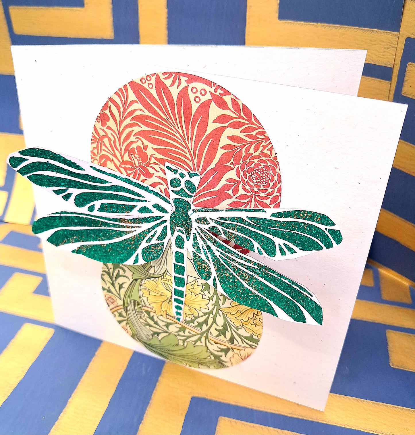 GREEN DRAGONFLY. HAND PAINTED ECO-FRIENDLY GREETINGS CARD.
