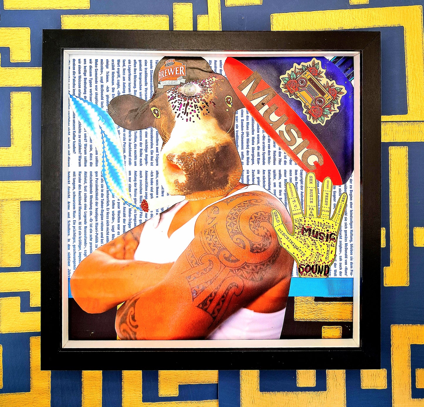 HIP-HOP COW. ORIGINAL COLLAGE ART. FRAMED.