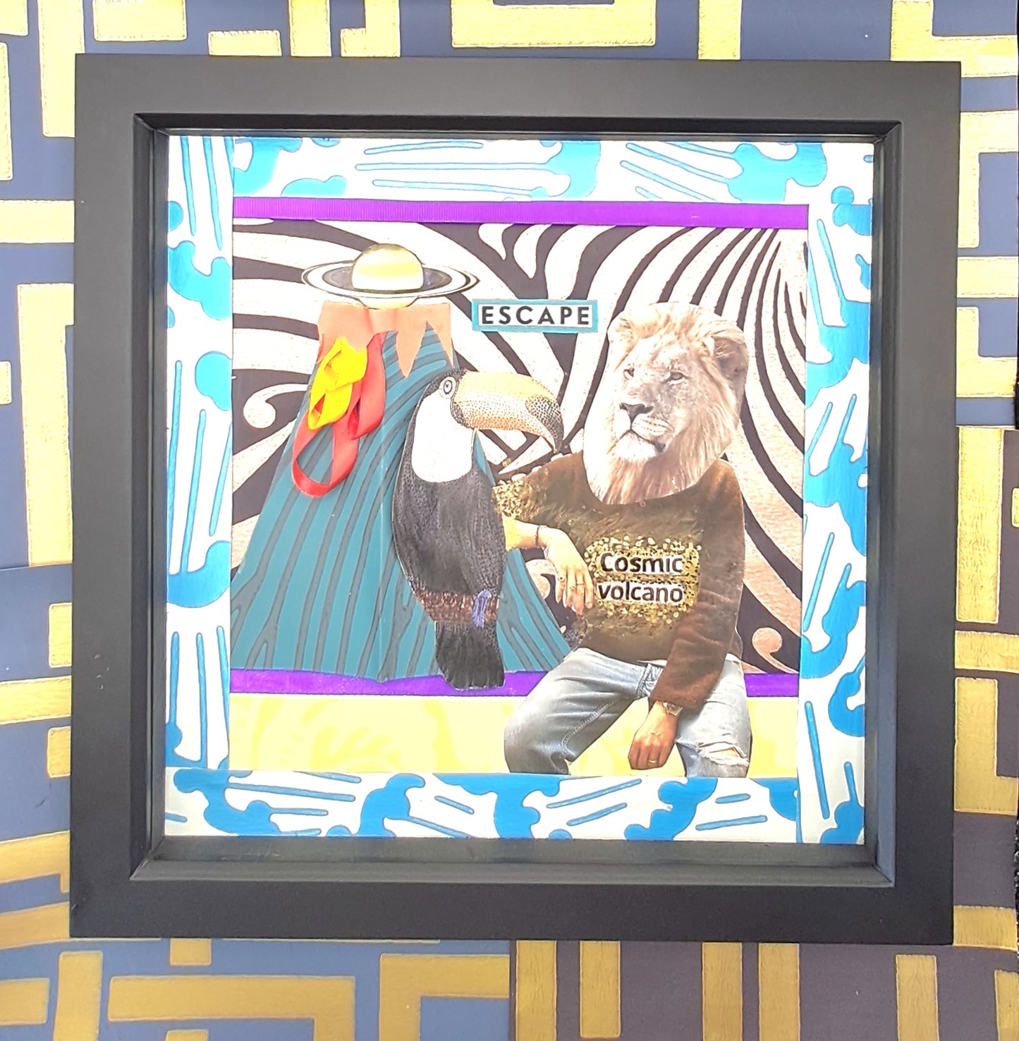 COSMIC VOLCANO. ORIGINAL COLLAGE ART. FRAMED.
