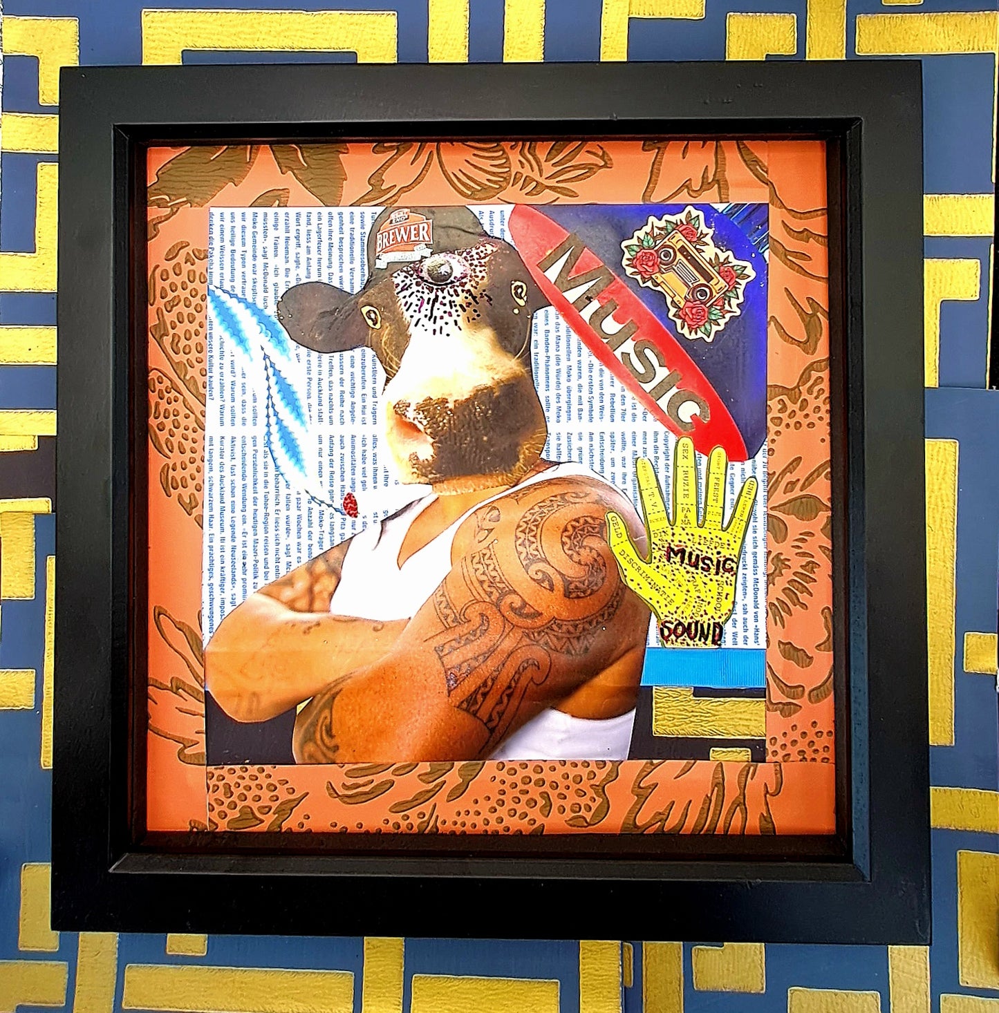 HIP-HOP COW. ORIGINAL COLLAGE ART. FRAMED.