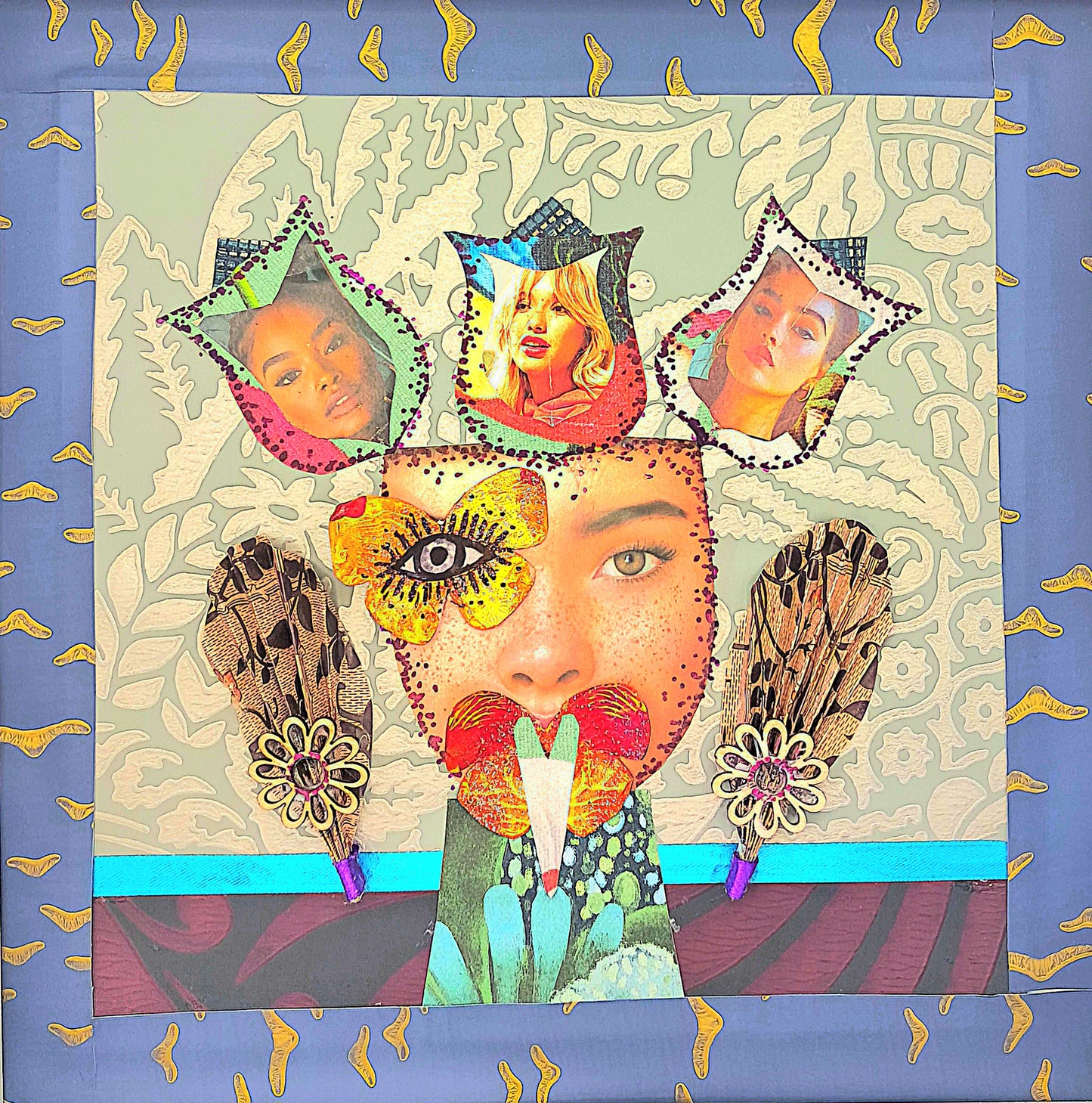 EYE BROUGHT TULIPS. ORIGINAL COLLAGE ART. FRAMED.