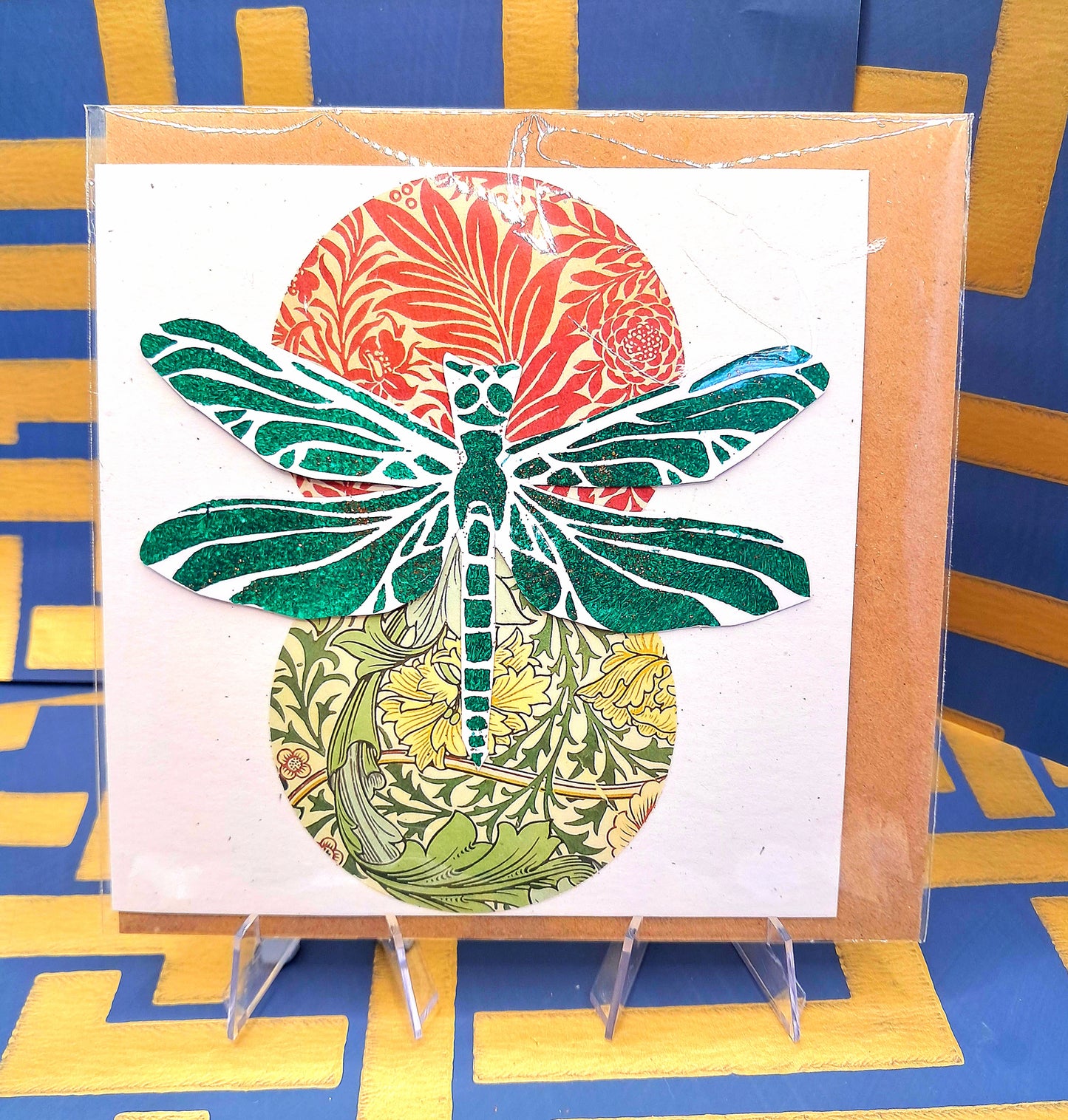 GREEN DRAGONFLY. HAND PAINTED ECO-FRIENDLY GREETINGS CARD.