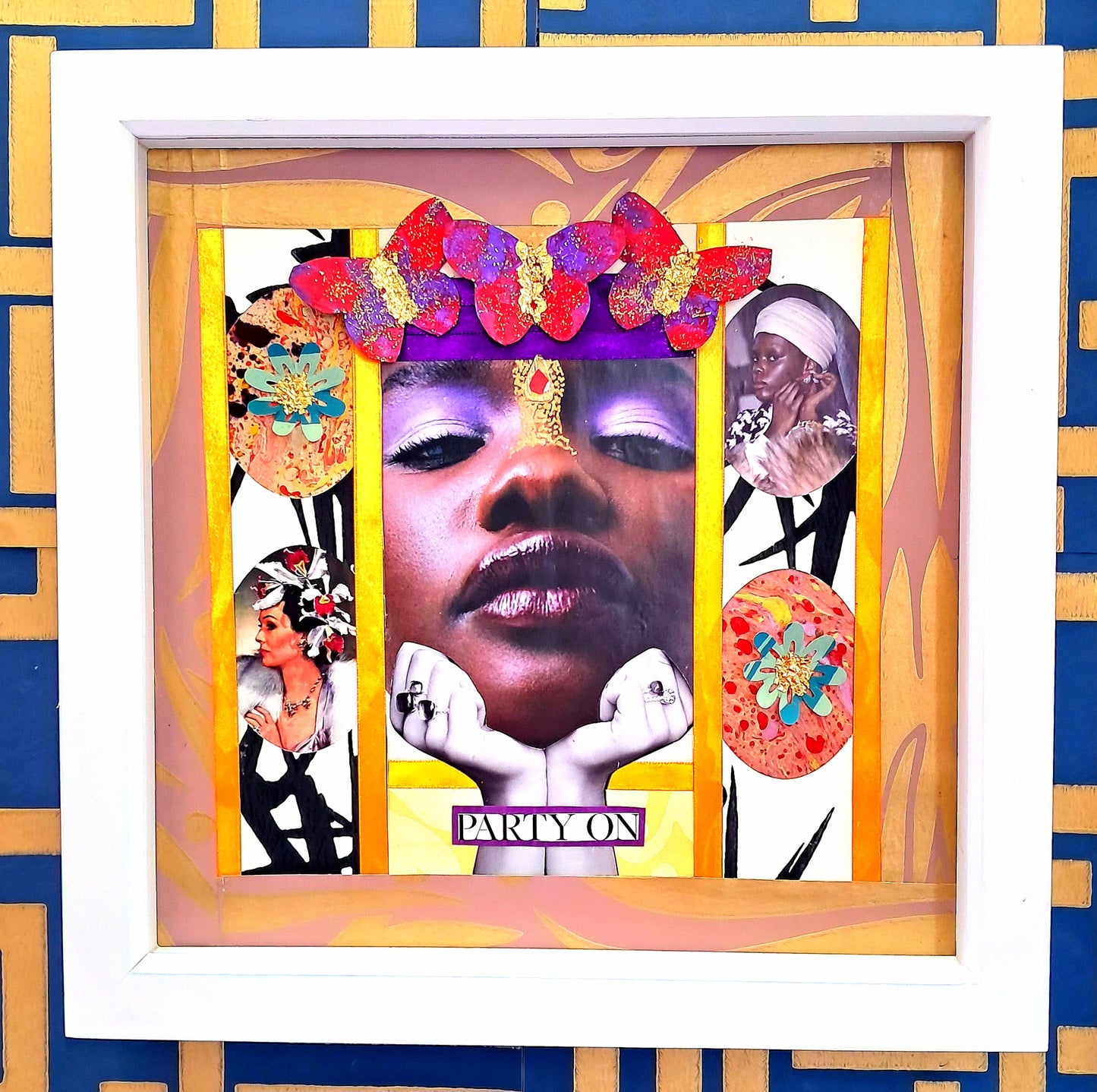 PARTY GALS. ORIGINAL COLLAGE ART. FRAMED.
