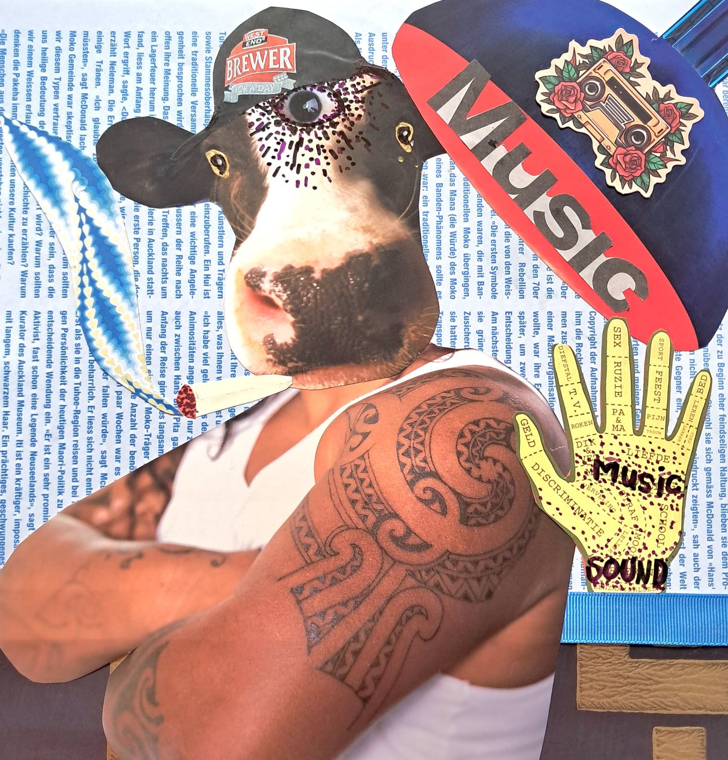 HIP-HOP COW. ORIGINAL COLLAGE ART. FRAMED.