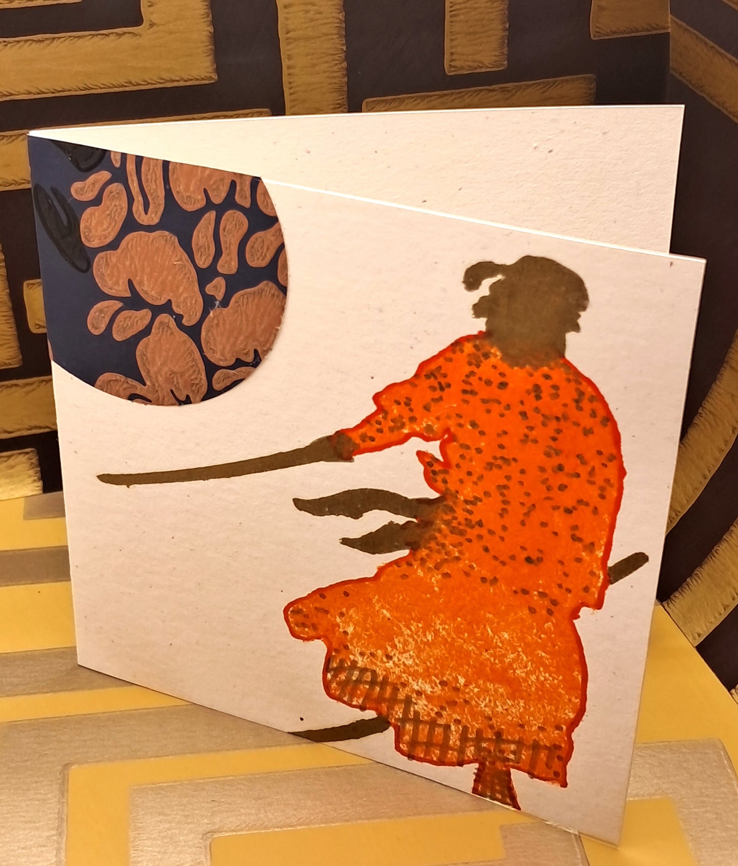 ORANGE SAMURAI. HAND-PAINTED ECO-FRIENDLY GREETINGS CARD.