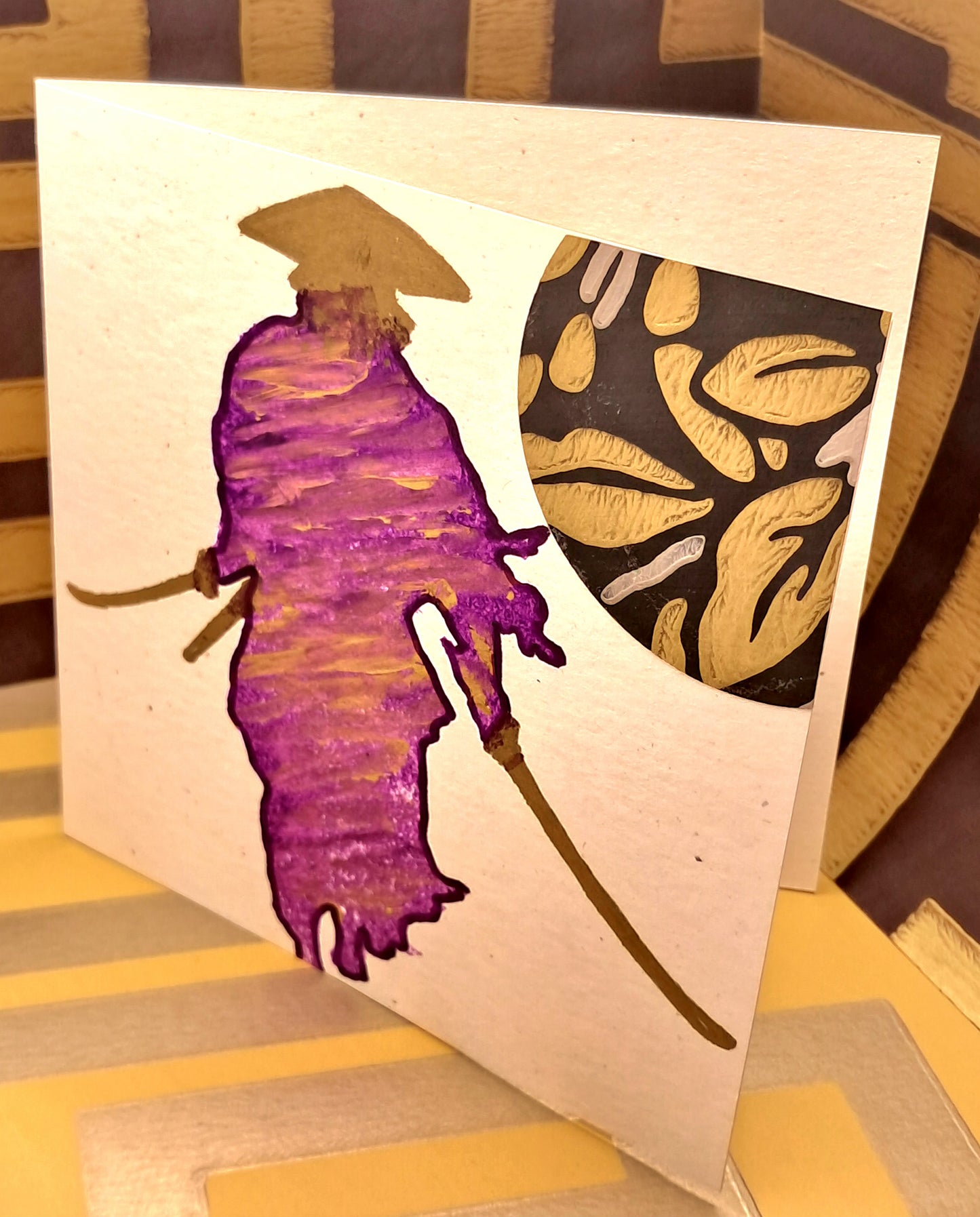 PURPLE SAMURAI. HAND-PAINTED ECO-FRIENDLY GREETINGS CARD.