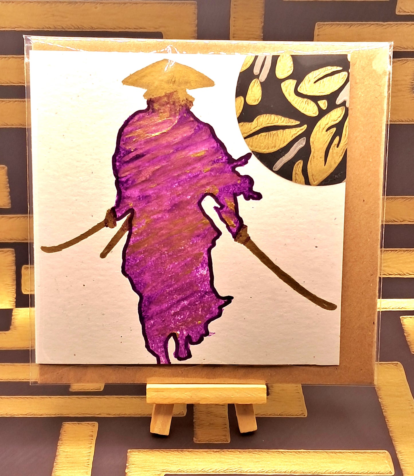 PURPLE SAMURAI. HAND-PAINTED ECO-FRIENDLY GREETINGS CARD.