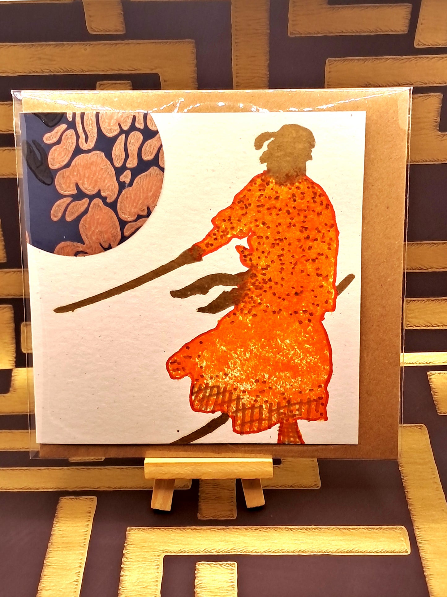 ORANGE SAMURAI. HAND-PAINTED ECO-FRIENDLY GREETINGS CARD.