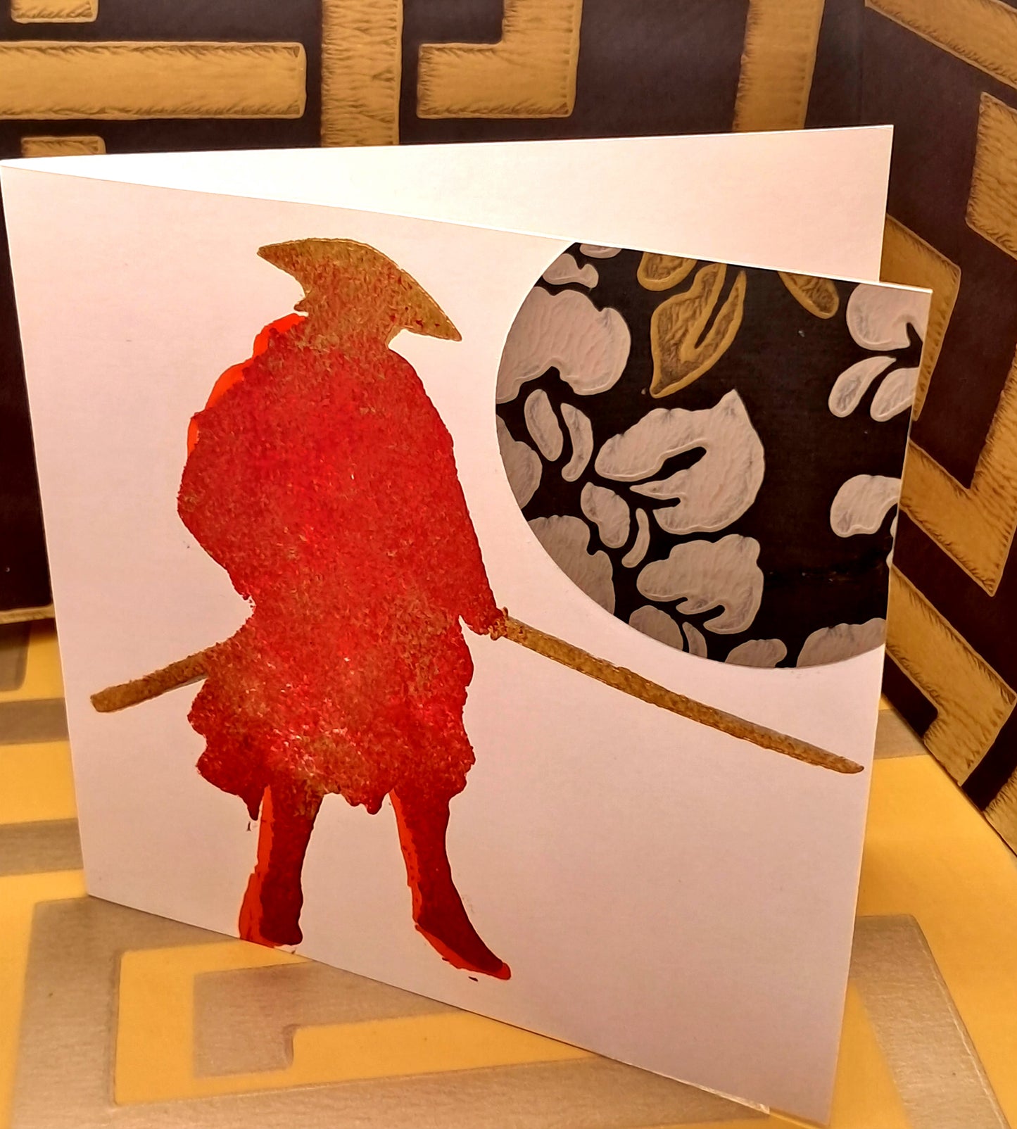 RED SAMURAI. HAND PAINTED ECO-FRIENDLY GREETINGS CARD.