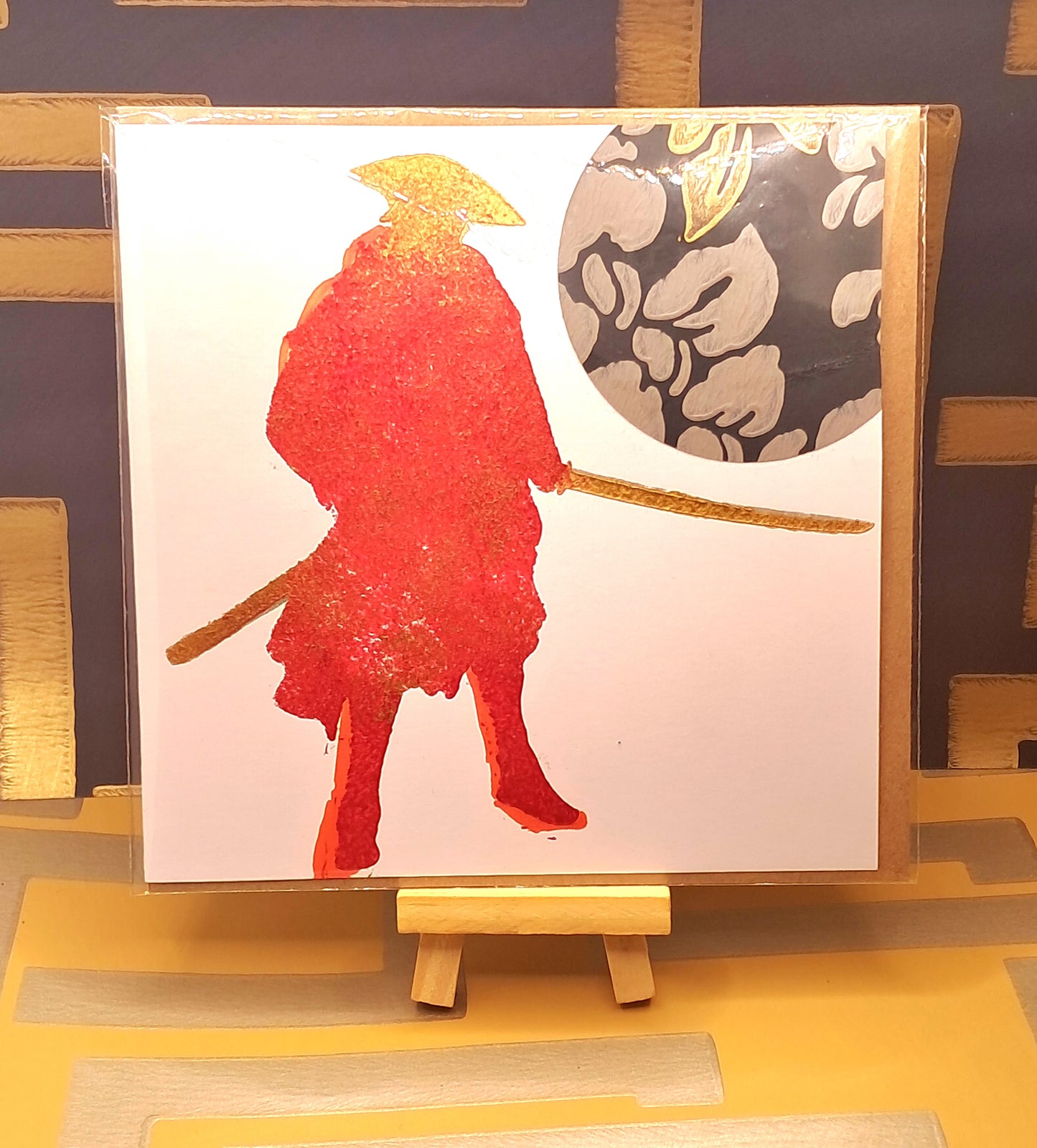 RED SAMURAI. HAND PAINTED ECO-FRIENDLY GREETINGS CARD.