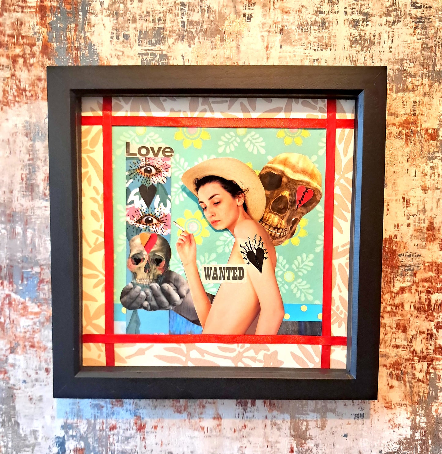 LOVE WANTED. ORIGINAL COLLAGE ART. FRAMED.