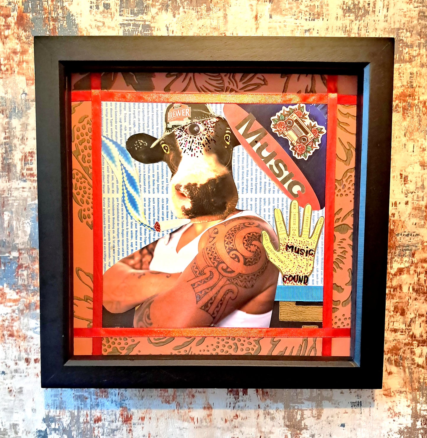 HIP-HOP COW. ORIGINAL COLLAGE ART. FRAMED.