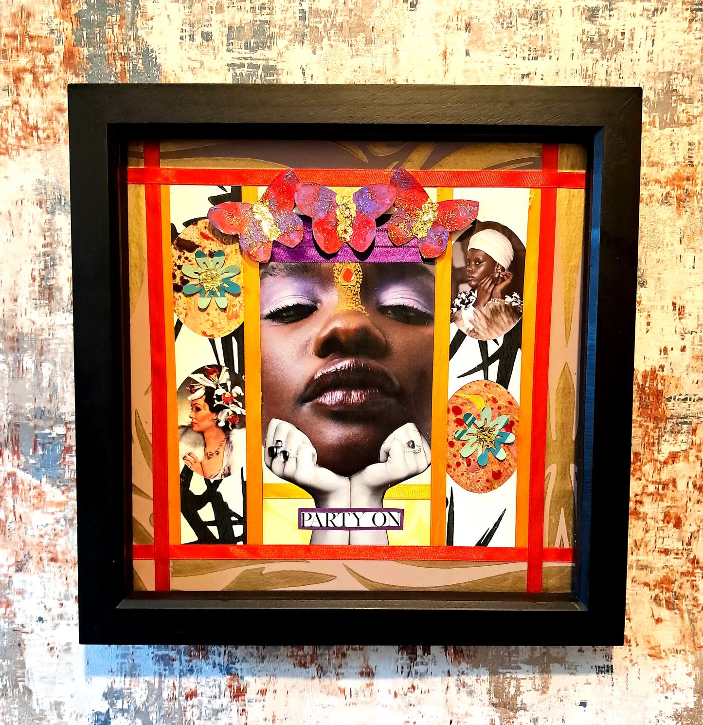 PARTY GALS. ORIGINAL COLLAGE ART. FRAMED.