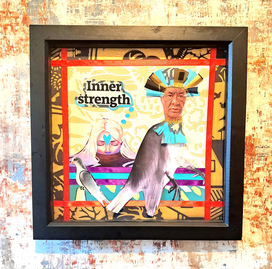 WISE OLD BIRD. ORIGINAL COLLAGE ART. FRAMED.