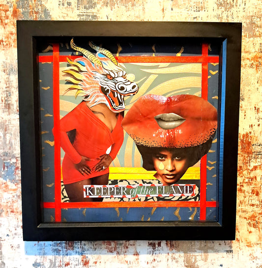 KEEPER OF THE FLAME. ORIGINAL COLLAGE ART. FRAMED.
