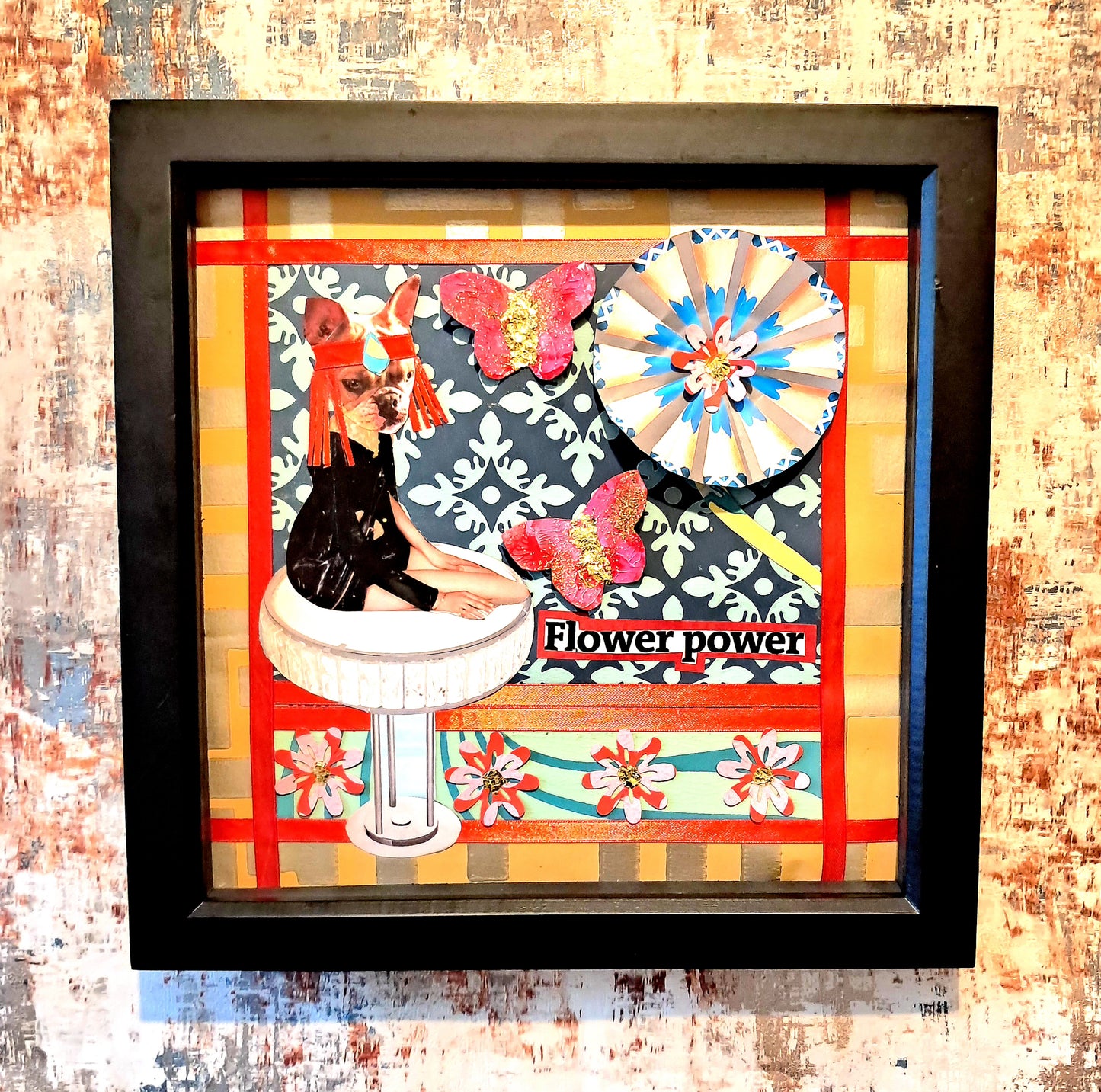 FLOWER POWER. ORIGINAL COLLAGE ART. FRAMED.