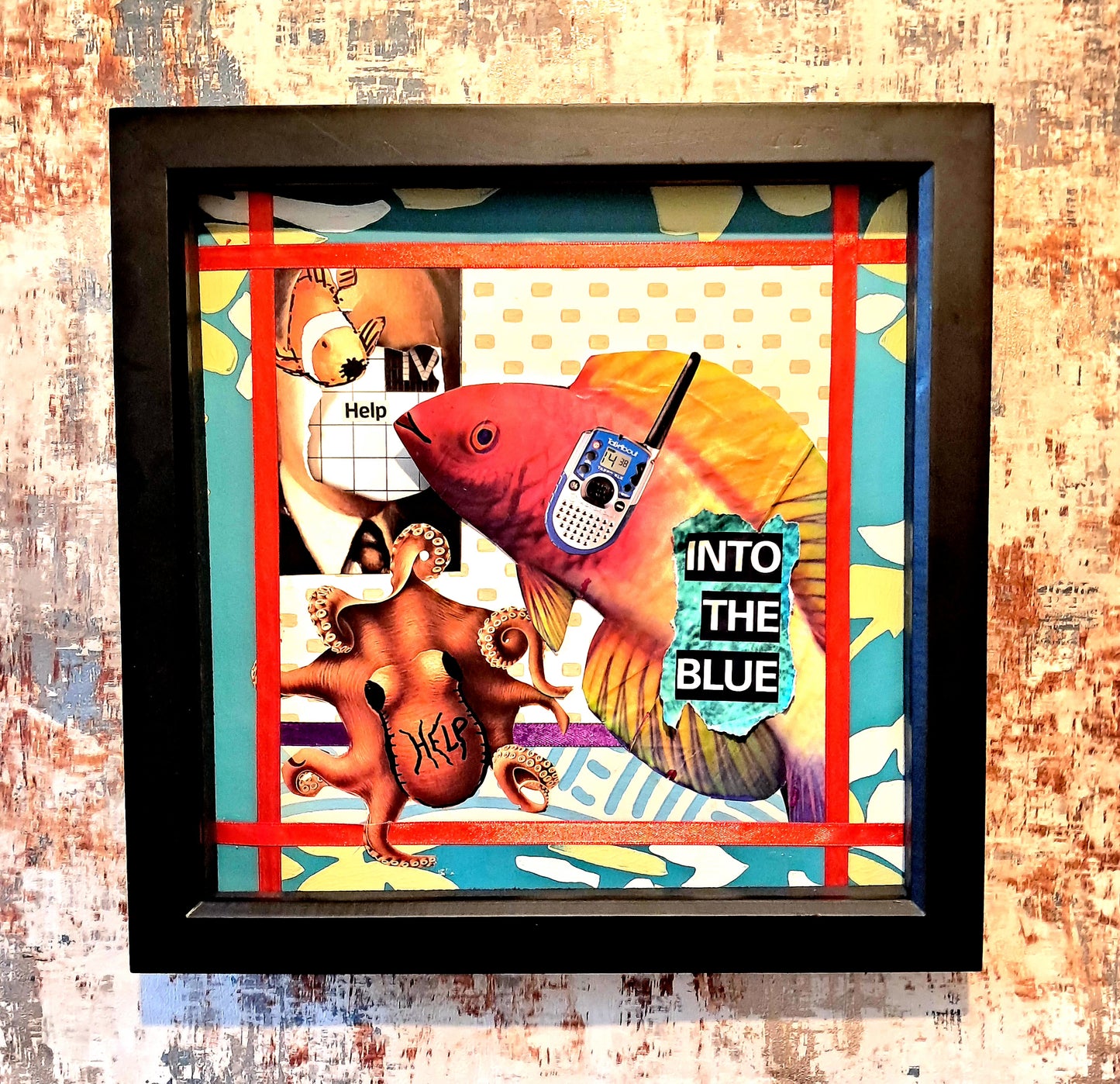 MESSAGE FROM THE BLUE. ORIGINAL COLLAGE ART. FRAMED.