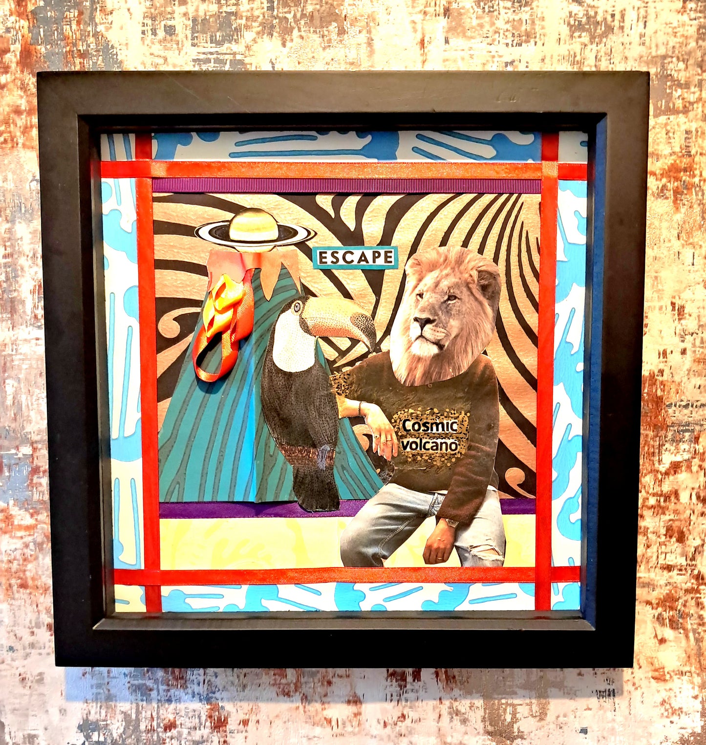 COSMIC VOLCANO. ORIGINAL COLLAGE ART. FRAMED.