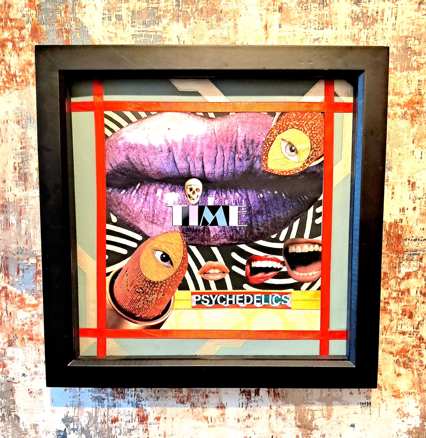 PSYCADELIC LIPS. ORIGINAL COLLAGE ART. FRAMED.