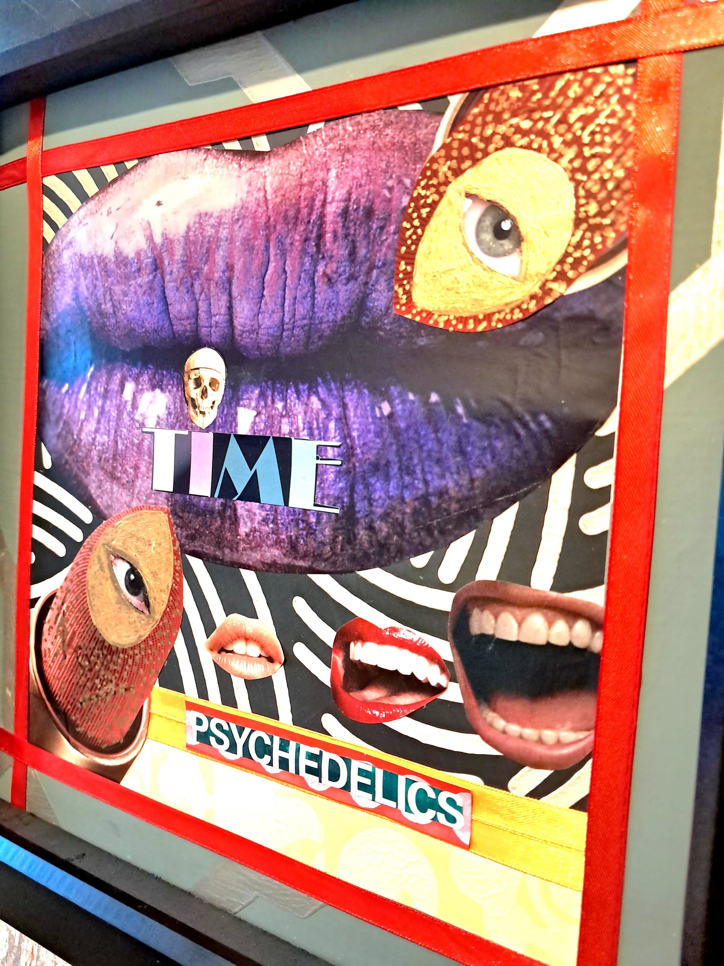 PSYCADELIC LIPS. ORIGINAL COLLAGE ART. FRAMED.