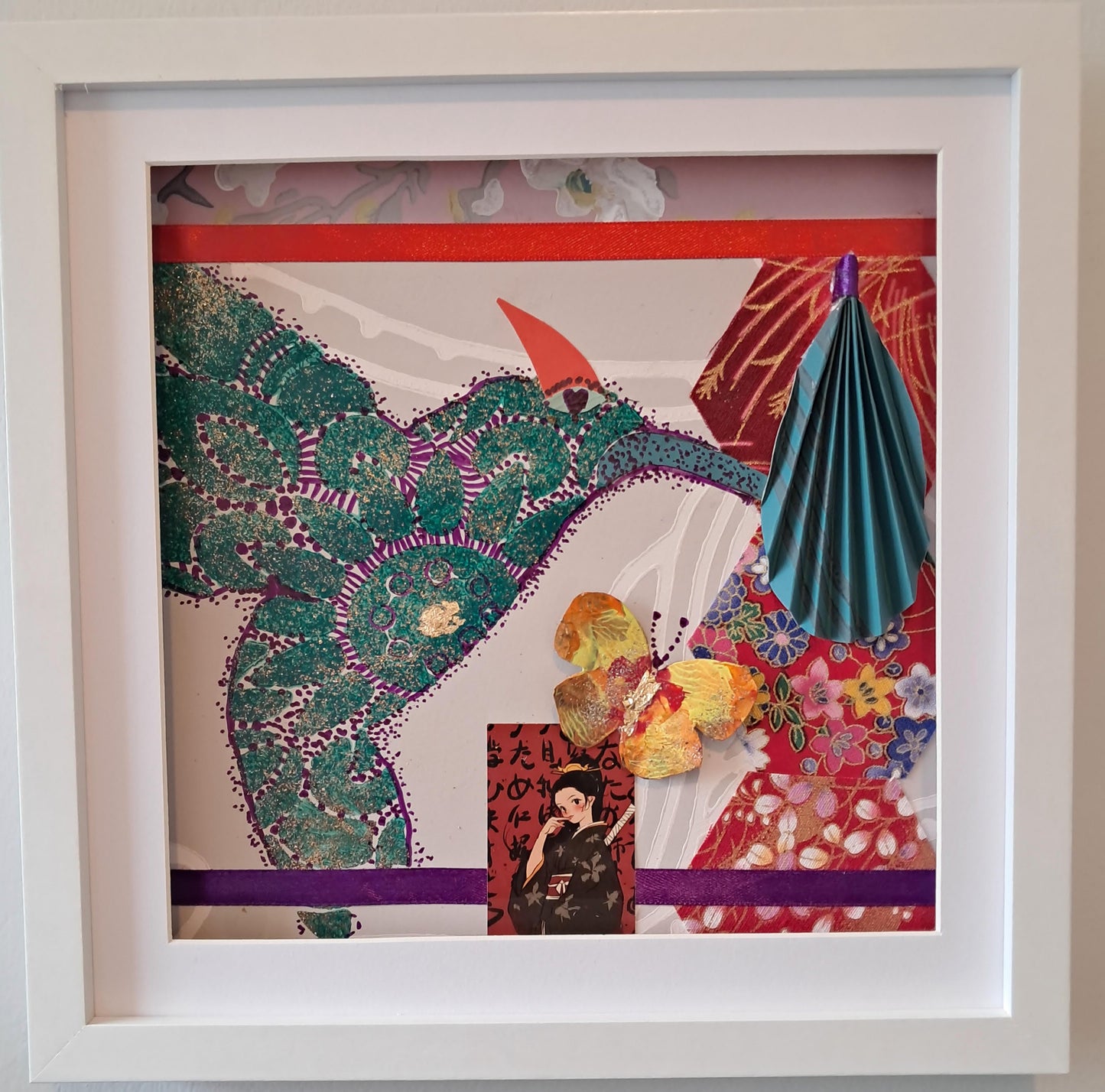 JAPANESE HUMMINGBIRD. ORIGINAL COLLAGE ART. FRAMED.