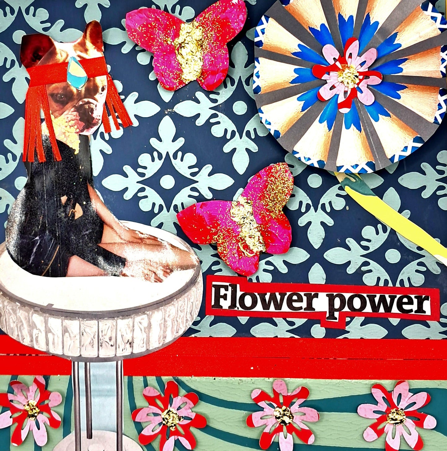 FLOWER POWER. ORIGINAL COLLAGE ART. FRAMED.