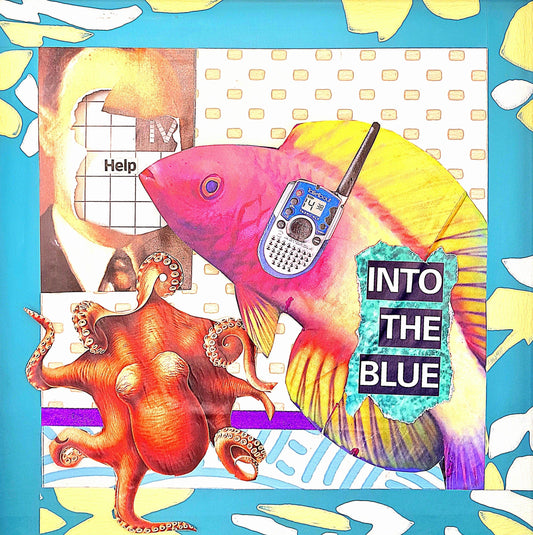 MESSAGE FROM THE BLUE. ONE OFF COLLAGE ART. FRAMED.