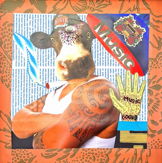 HIP-HOP COW. ORIGINAL COLLAGE ART. FRAMED.